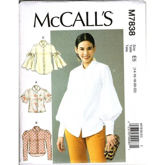 McCall's M7838 Misses 14 to 22 Button Front Tops UNCUT Sewing Pattern - Picture 1 of 2